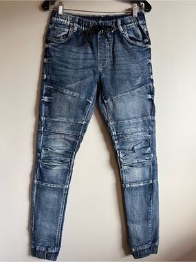 Jeanology Moto Skinny Jeans Drawstring Waist Stretch Denim Jogger Cuff Size 28